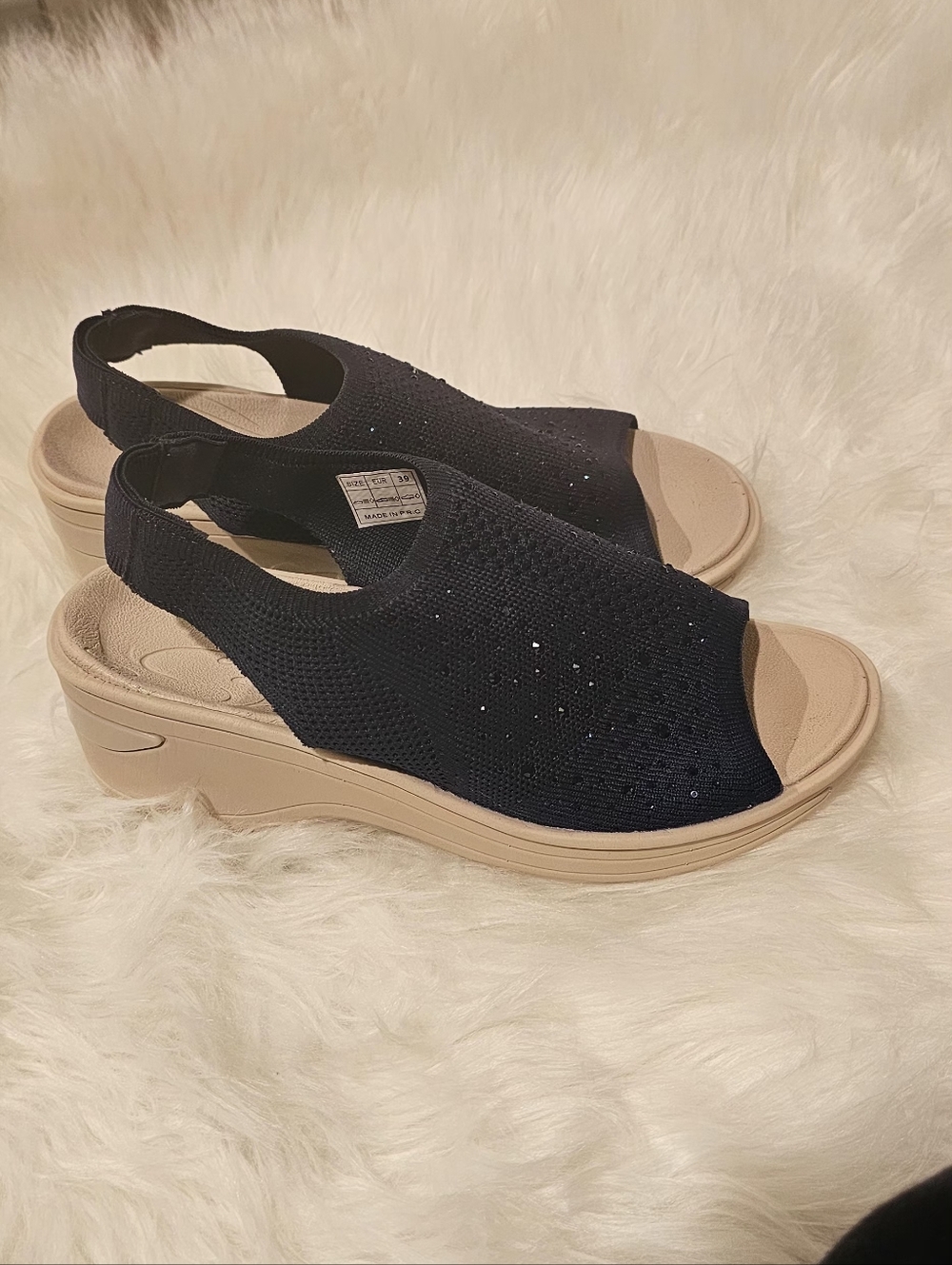 Women’s Navy Blue Knit Slingback Wedge Sandals; US Size 8